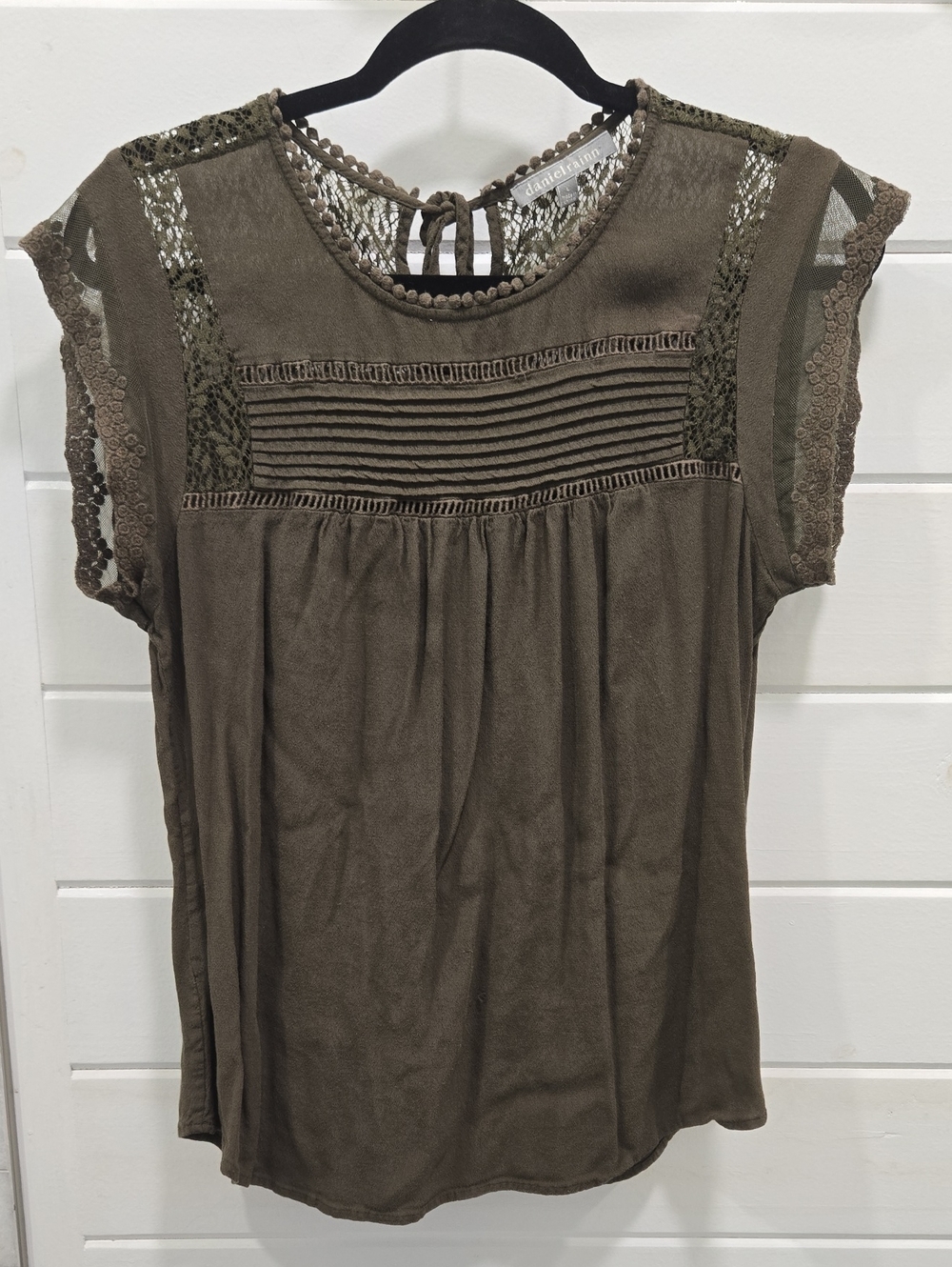 Daniel Rainn Olive Lace-Yoke Pintuck Short Sleeve Blouse